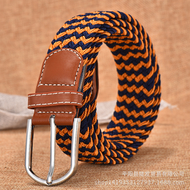 Stretch Woven Canvas Belt - Casual Pin Buckle Elastic Belt - Brown + Blue