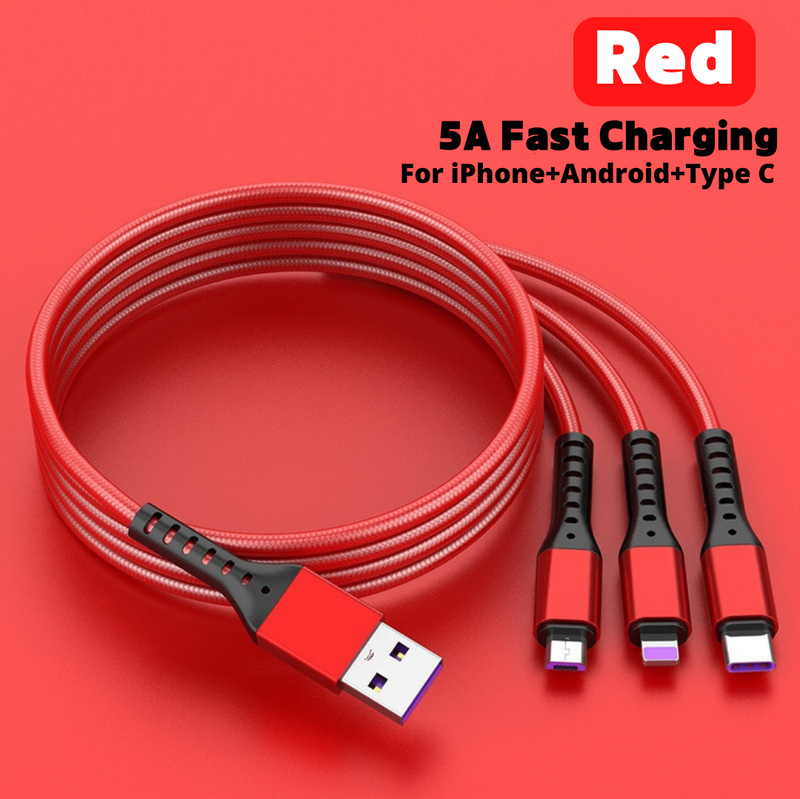 Three-in-one Mobile Phone Charging USB Data Cable - 5A Nylon Braided Fast Charging Mobile Phone Data Cable 1.2 Meter