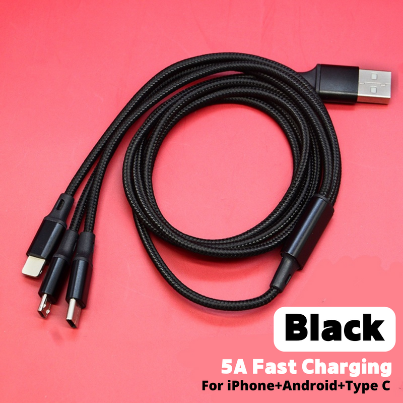 Three-in-one Mobile Phone Charging USB Data Cable - 5A Nylon Braided Fast Charging Mobile Phone Data Cable 1.2 Meter