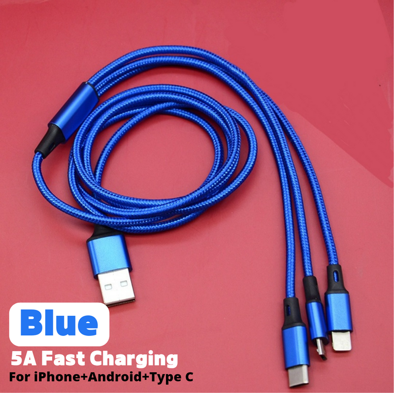 Three-in-one Mobile Phone Charging USB Data Cable - 5A Nylon Braided Fast Charging Mobile Phone Data Cable 1.2 Meter