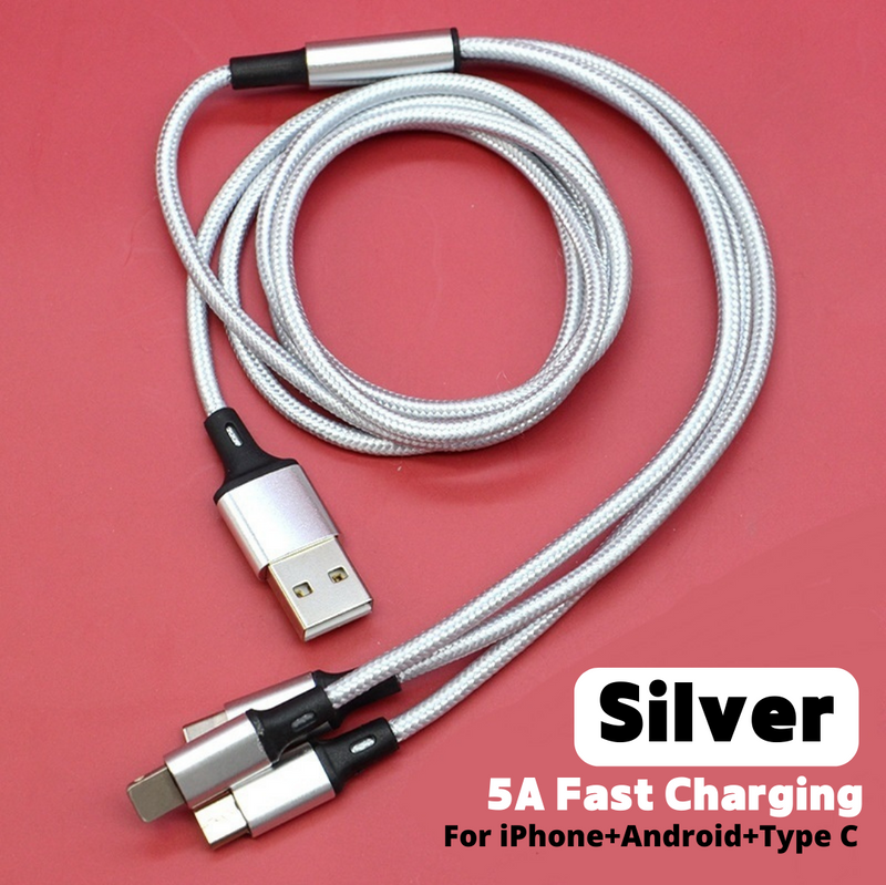 Three-in-one Mobile Phone Charging USB Data Cable - 5A Nylon Braided Fast Charging Mobile Phone Data Cable 1.2 Meter