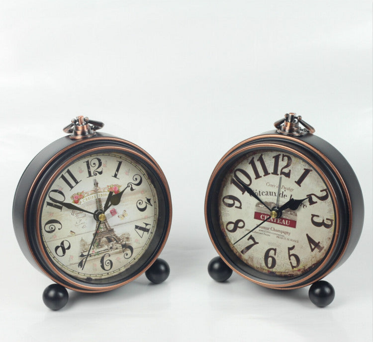 European Vintage Wrought Iron Clock - Creative Alarm Clock - Bronze Edge Black Silent Desk Clock