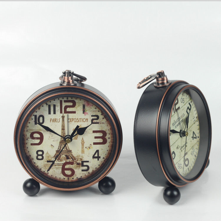 European Vintage Wrought Iron Clock - Creative Alarm Clock - Bronze Edge Black Silent Desk Clock