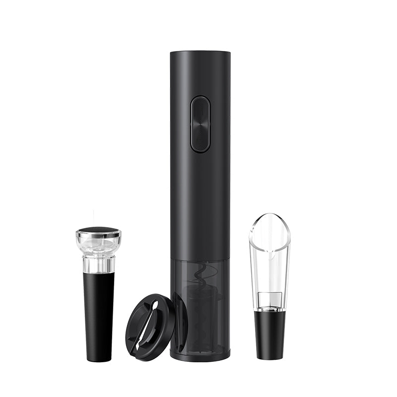 Electric Wine Corkscrew - Dry Battery Corkscrew - Wine Pourer - Vacuum Wine Stopper - Foil Knife (No Light) - ABS All Black - Gift Box