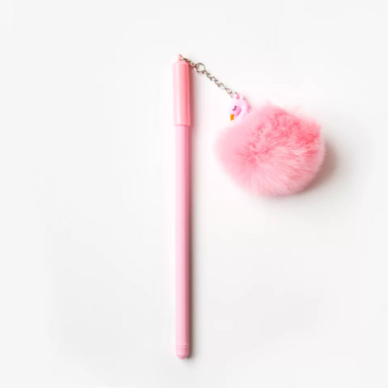 Pink Flamingo Fluffy Ball Gel Pen - 0.5 mm Black Gel Ink Pen - Gift Stationary School Office Supplies