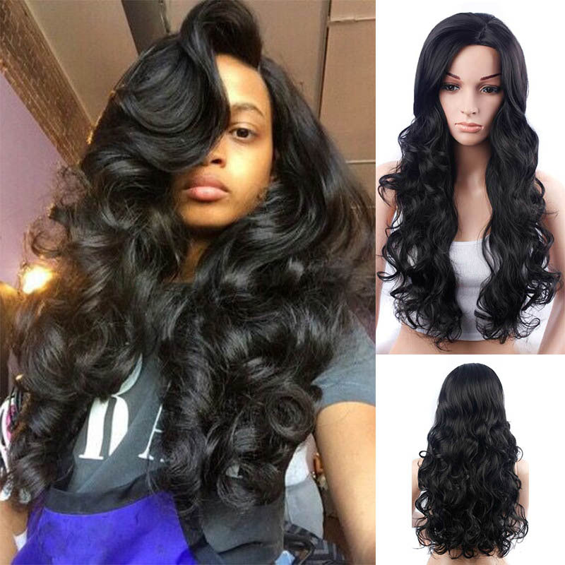 European and American Big Wave Long Curly Wig - Skew Bangs Wig - Women&