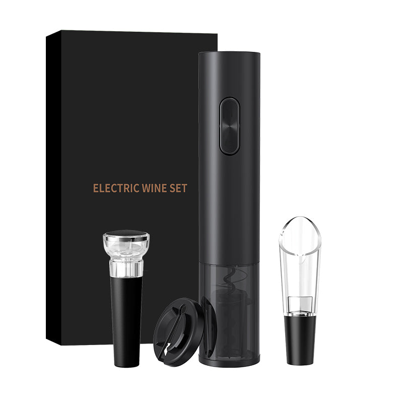 Electric Wine Corkscrew - Dry Battery Corkscrew - Wine Pourer - Vacuum Wine Stopper - Foil Knife (No Light) - ABS All Black - Gift Box