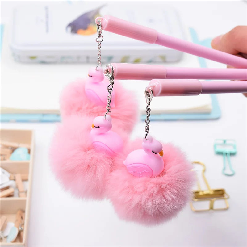 Pink Flamingo Fluffy Ball Gel Pen - 0.5 mm Black Gel Ink Pen - Gift Stationary School Office Supplies