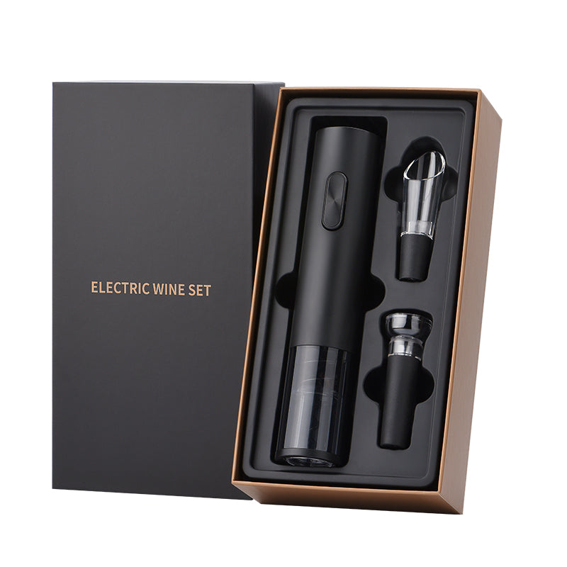 Electric Wine Corkscrew - Dry Battery Corkscrew - Wine Pourer - Vacuum Wine Stopper - Foil Knife (No Light) - ABS All Black - Gift Box