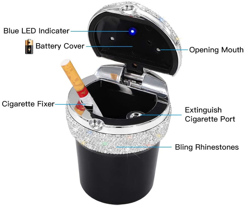 Car Ashtray Bling - Car Accessories Auto Portable Cylinder Cigarette - Ashtray with Blue LED Light - Crystal Rhinestone Car Interior Decor for Women Men