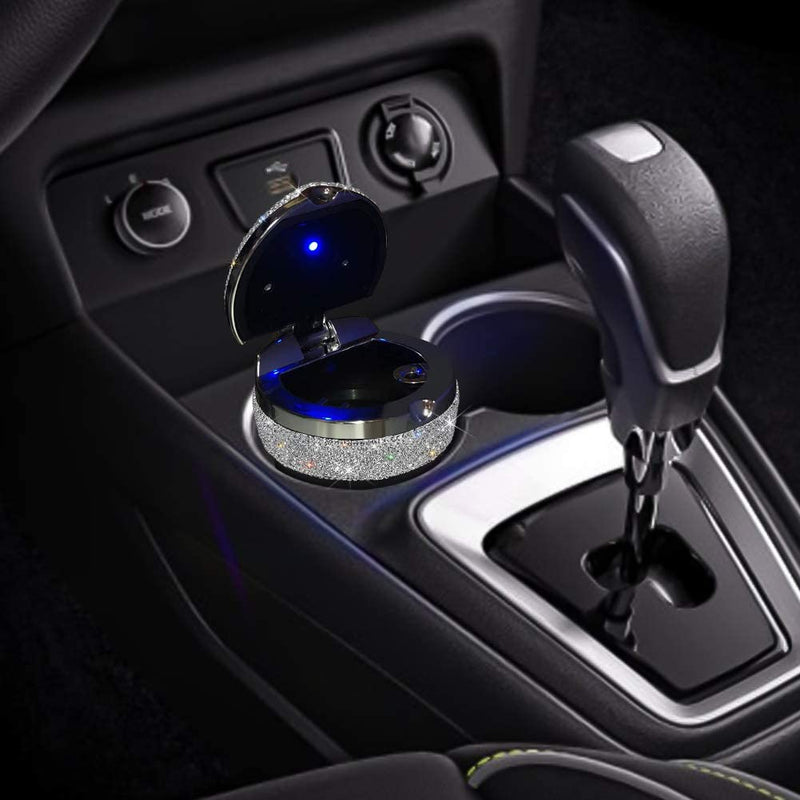 Car Ashtray Bling - Car Accessories Auto Portable Cylinder Cigarette - Ashtray with Blue LED Light - Crystal Rhinestone Car Interior Decor for Women Men