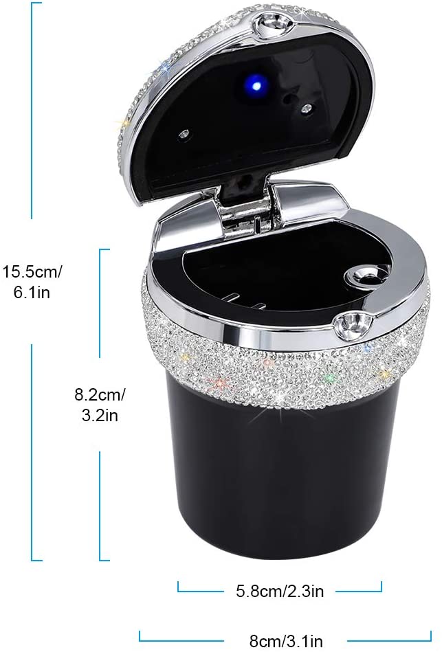 Car Ashtray Bling - Car Accessories Auto Portable Cylinder Cigarette - Ashtray with Blue LED Light - Crystal Rhinestone Car Interior Decor for Women Men