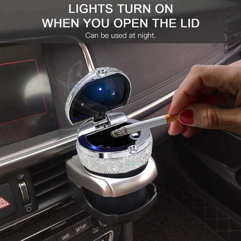 Car Ashtray Bling - Car Accessories Auto Portable Cylinder Cigarette - Ashtray with Blue LED Light - Crystal Rhinestone Car Interior Decor for Women Men