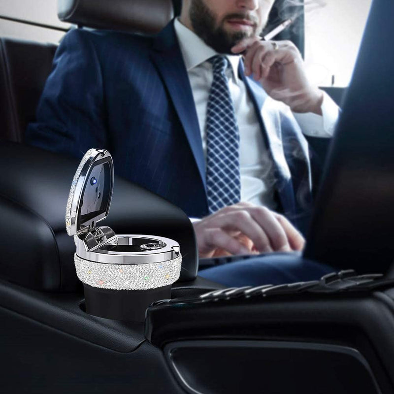 Car Ashtray Bling - Car Accessories Auto Portable Cylinder Cigarette - Ashtray with Blue LED Light - Crystal Rhinestone Car Interior Decor for Women Men