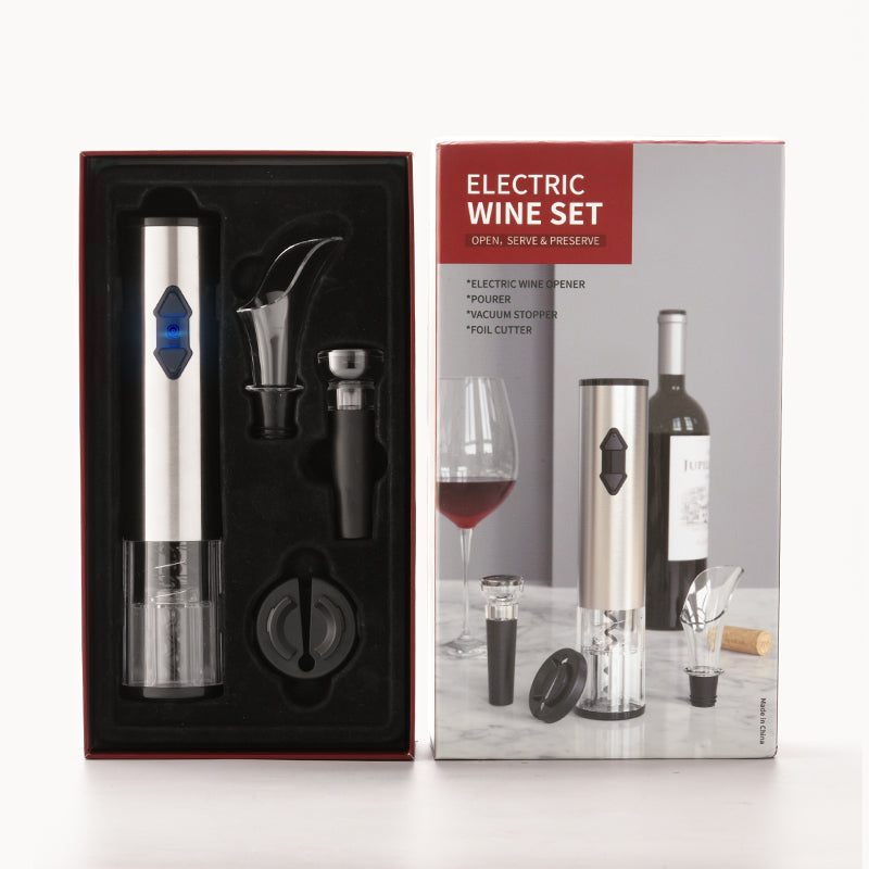 Electric Wine Set - Include Electric Wine Opener - Pourer - Vacuum Stopper - Foil Cutter - Electric Wine Opener is Stainless Steel