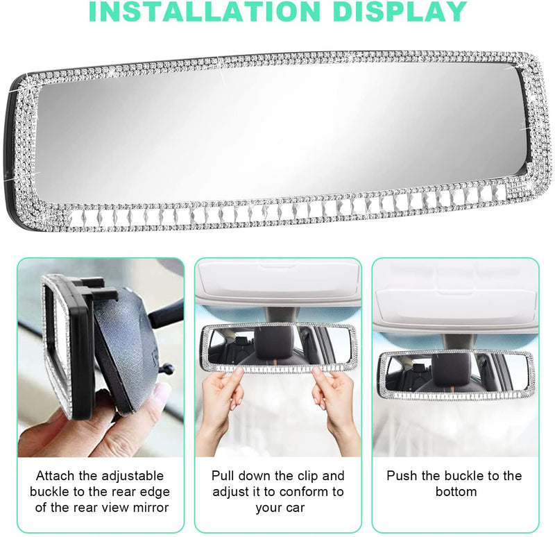 Bling Car Rear View Mirror - Bling Car Accessories for Women - Universal Interior Clip on Panoramic Rearview Mirror Diamond - Give A New Look in Your Car