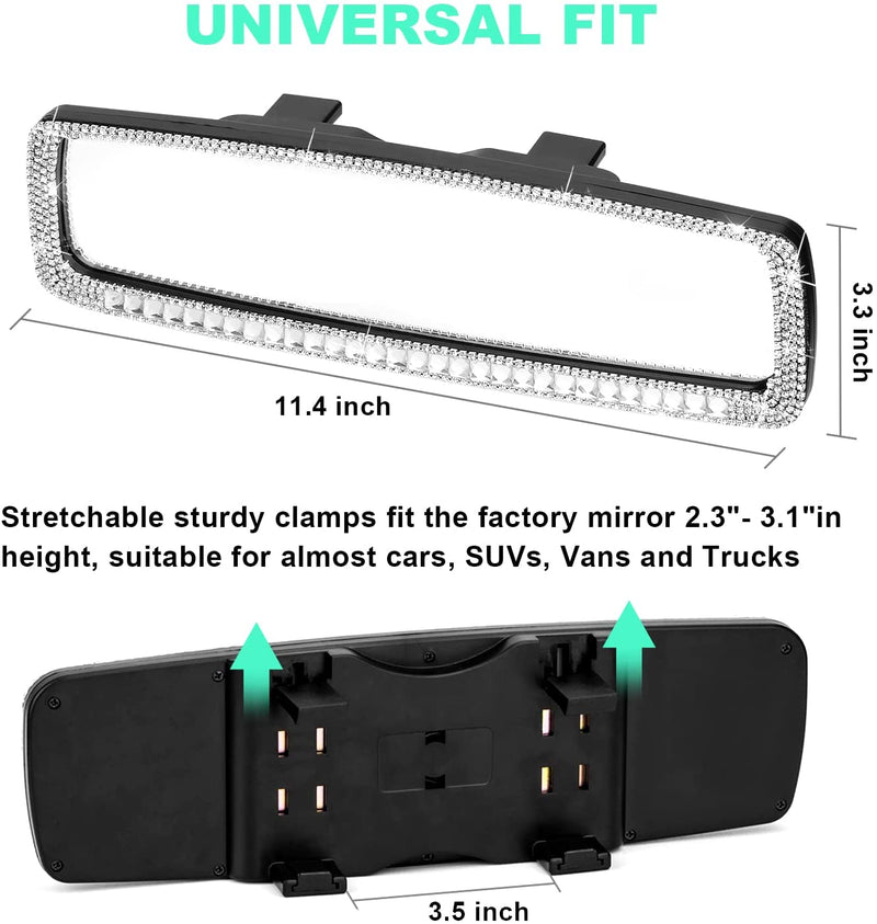 Bling Car Rear View Mirror - Bling Car Accessories for Women - Universal Interior Clip on Panoramic Rearview Mirror Diamond - Give A New Look in Your Car