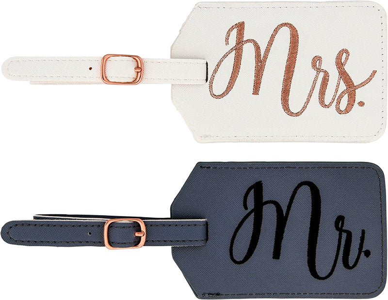 Mrs. & Mr. Luggage Tags with Sturdy Buckle Straps, 6.85" x 3", White & Gray, 2-Pack