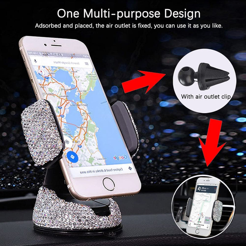 Bling Car Phone Holder -  360°Adjustable Crystal Auto Phone Mount Universal Rhinestone Car Stand Phone Holder - Car Accessories for Windshield Dashboard and Air Outlet