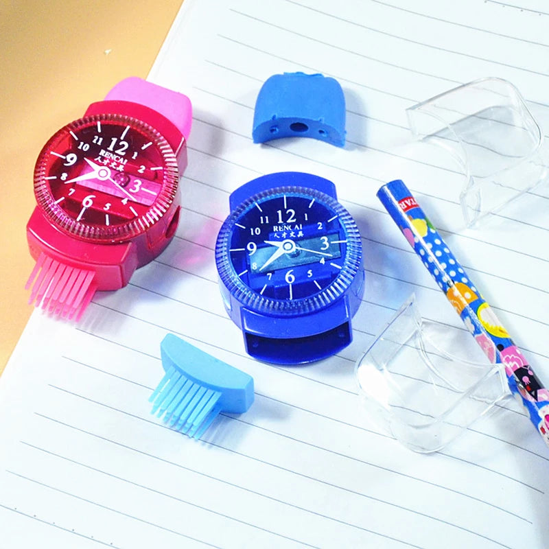 1 PC Creative Grinder Cartoon Watches Sliced Pencil Sharpener With Erasers Brush - Kawaii Pencil Sharpener School Supplies  Stationery