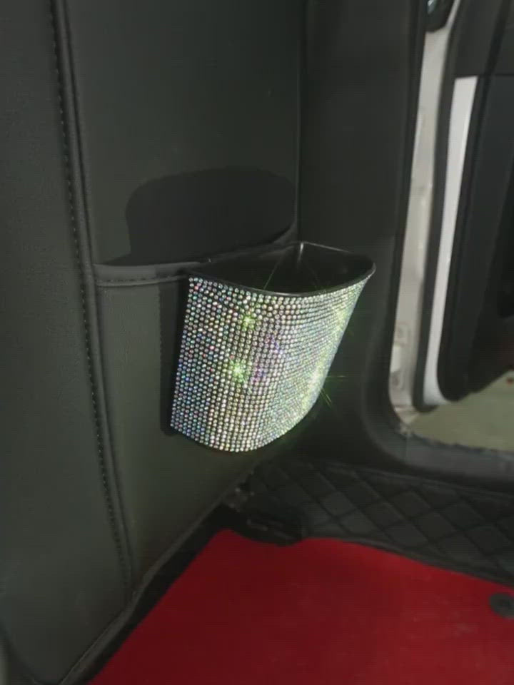 Car Trash Can - Wastebasket with Rhinestones - Bling Garbage Can Container Hanging Interior Accessories