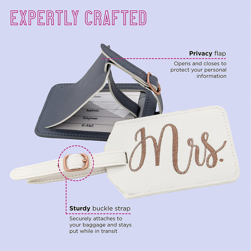 Mrs. & Mr. Luggage Tags with Sturdy Buckle Straps, 6.85" x 3", White & Gray, 2-Pack