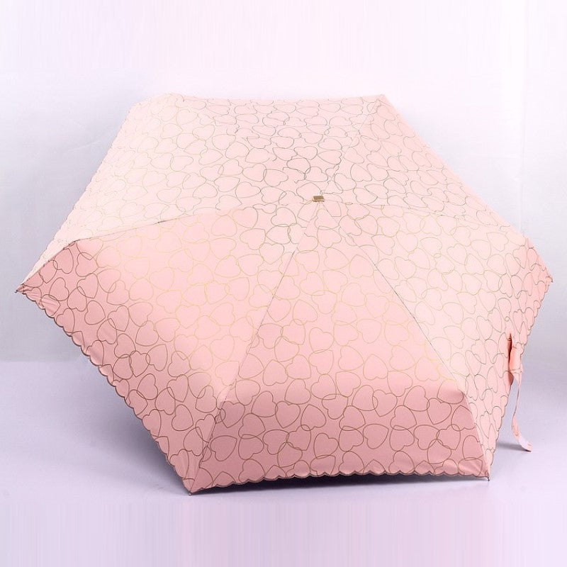 Five Folding Umbrella - Love Pattern Vinyl Sun Umbrella - UV Protection Sunshade Solid Color Umbrella - Pink