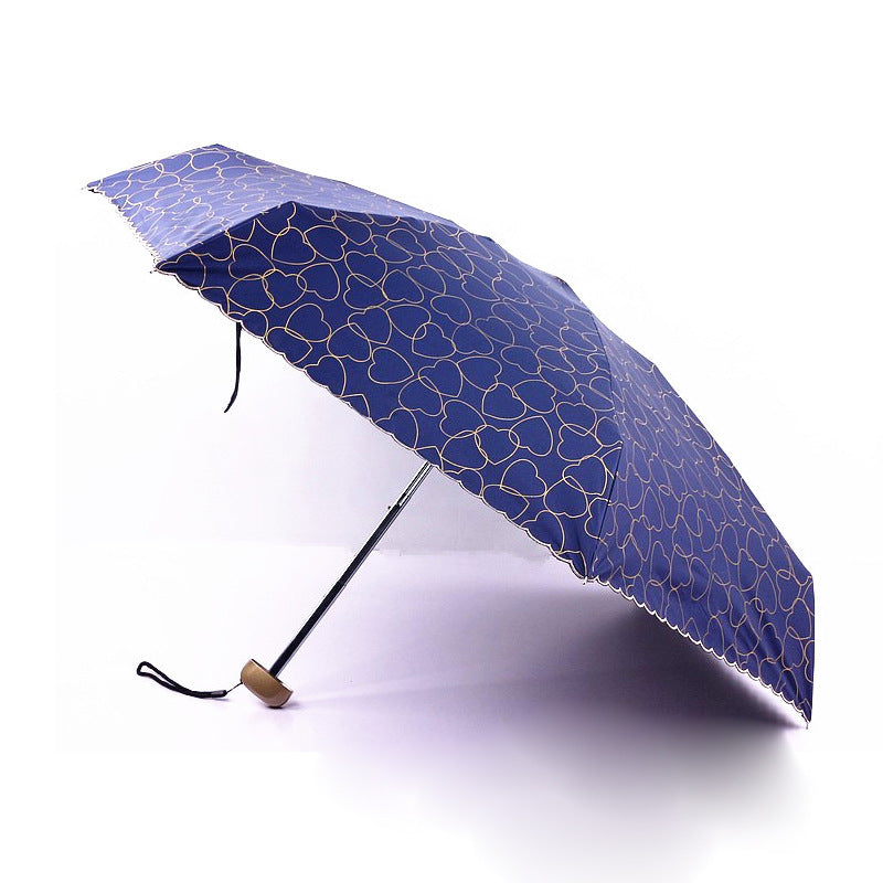 Five Folding Umbrella - Love Pattern Vinyl Sun Umbrella - UV Protection Sunshade Solid Color Umbrella - Blue