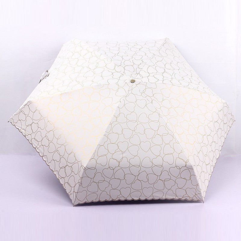 Five Folding Umbrella - Love Pattern Vinyl Sun Umbrella - UV Protection Sunshade Solid Color Umbrella - White