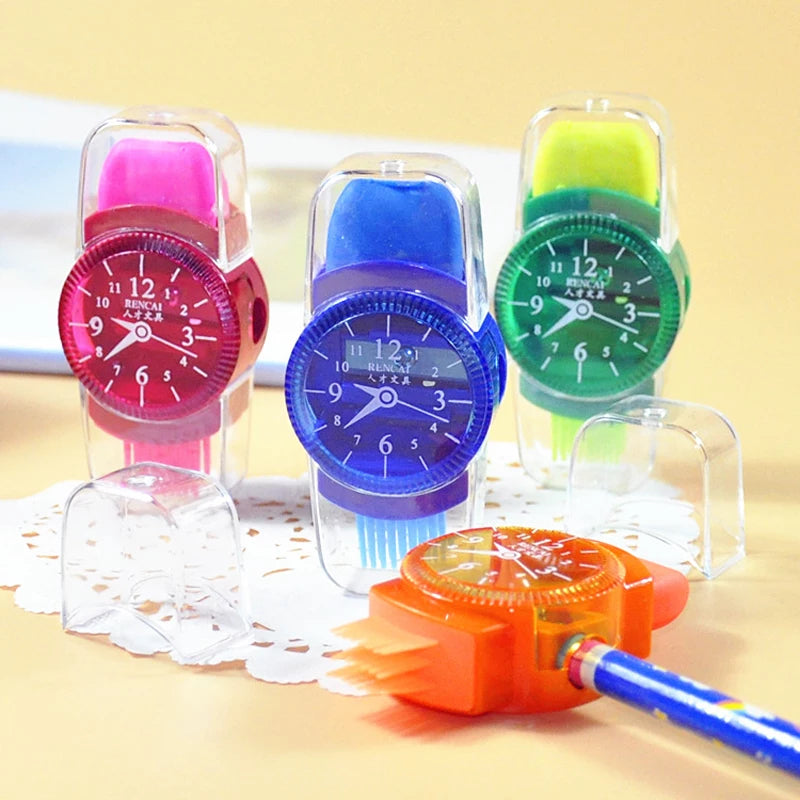 1 PC Creative Grinder Cartoon Watches Sliced Pencil Sharpener With Erasers Brush - Kawaii Pencil Sharpener School Supplies  Stationery