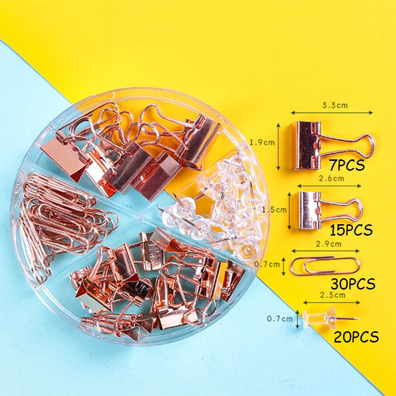 1 Box 72 PCS Color Metal Paper Clip Binder Clip Plastic Pushpin Long Tail Clip Set - Rose Gold Stationery Office Binding Supplies