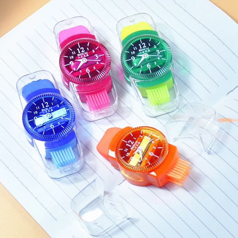 1 PC Creative Grinder Cartoon Watches Sliced Pencil Sharpener With Erasers Brush - Kawaii Pencil Sharpener School Supplies  Stationery