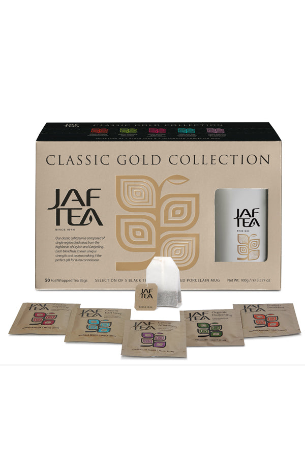 JAF TEA - Gifts - Classic Melange - Assortment of 5 Classis Black Teas with a Porcelain Mug - Individually Wrapped Foil Envelope Tea Bags (2 g×50 Pcs)