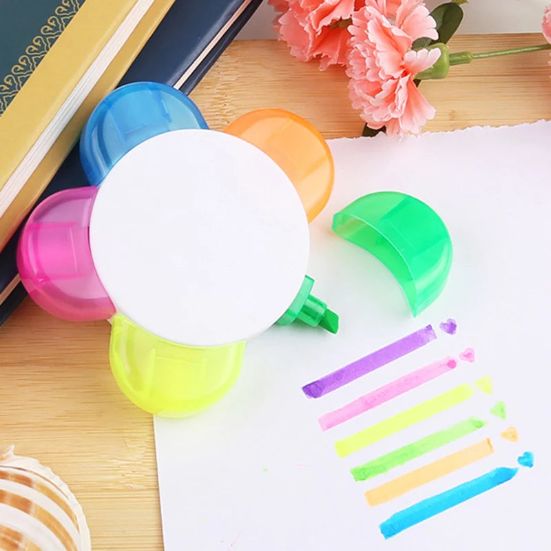 Flower Shaped Highlighter - 5 Colors Fluorescent Petal Marker Pen - School And Office Sppulies