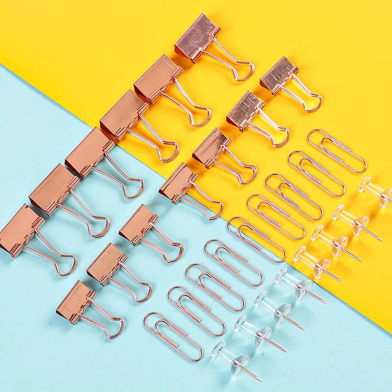 1 Box 72 PCS Color Metal Paper Clip Binder Clip Plastic Pushpin Long Tail Clip Set - Rose Gold Stationery Office Binding Supplies