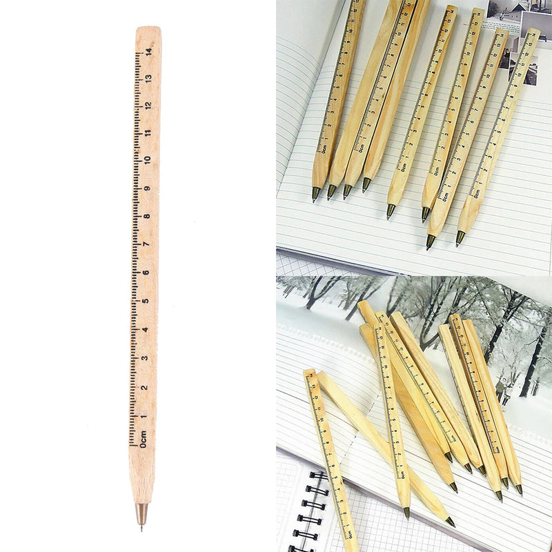 Handmade Wooden Environmental Blue Ballpoint Pen With 14 cm Ruler - Multifunctional Ruler Ballpoint Pen - School And Office Supplies