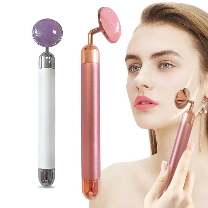 Jade Vibration Roller Massager Kit - 2-IN-1 Electric - 100% Natural Rose Quartz Jade Roller Face and Eye Massager - Eye Cream Massage Stick - Beauty - Face Firming - Anti-Wrinkles