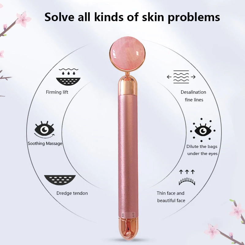 Jade Vibration Roller Massager Kit - 2-IN-1 Electric - 100% Natural Rose Quartz Jade Roller Face and Eye Massager - Eye Cream Massage Stick - Beauty - Face Firming - Anti-Wrinkles