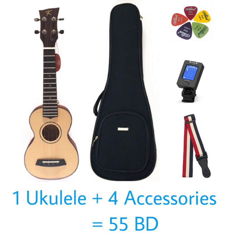 Kaka Solid Top Soprano 21" Ukulele – Spruce Inlay Ukulele  - With Beginner Kit includes Cover, Picks (5 pcs), Tuner, Strap