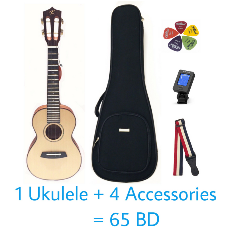 Kaka Solid Top Concert 23" Ukulele – Spruce Inlay Ukulele  - With Beginner Kit includes Cover, Picks (5 pcs), Tuner, Strap