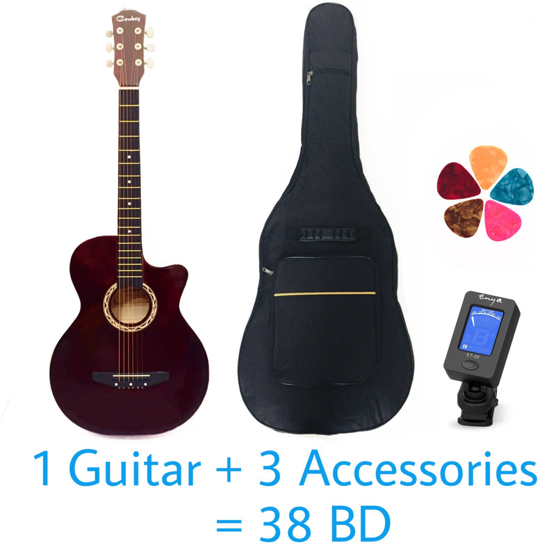 Cowboy Acoustic 38" Guitar - Brown – Basswood - With Beginner Kit includes Cover, Picks (5 pcs), Tuner