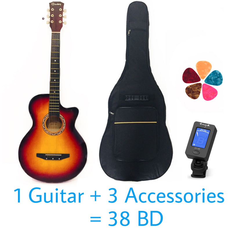 Cowboy Acoustic 38" Guitar - Sunset Yellow – Basswood - With Beginner Kit includes Cover, Picks (5 pcs), Tuner