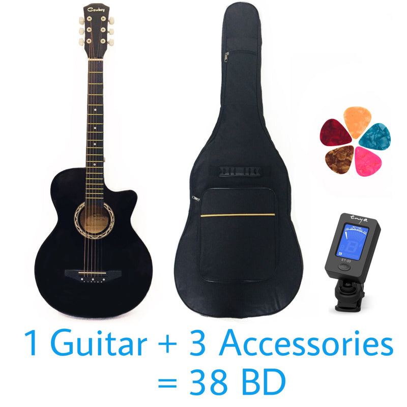 Cowboy Acoustic 38" Guitar - Black – Basswood - With Beginner Kit includes Cover, Picks (5 pcs), Tuner