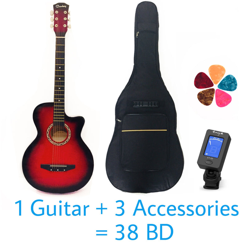 Cowboy Acoustic 38" Guitar - Sunset Red – Basswood - With Beginner Kit includes Cover, Picks (5 pcs), Tuner