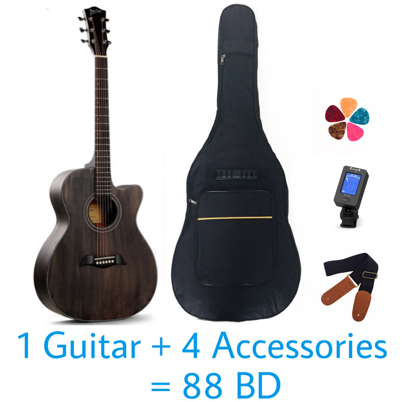 Deviser Acoustic 40" Guitar - Black - Spruce Top and Mahogany Back & Sides - With Beginner Kit Includes Cover, Picks (5 pcs), Tuner, Strap