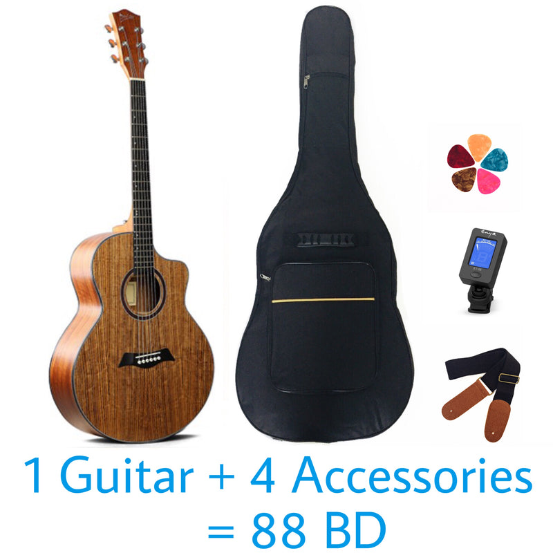 Deviser Acoustic 40" Guitar – Brown – Full Walnut - With Beginner Kit Includes Cover, Picks (5 pcs), Tuner, Strap