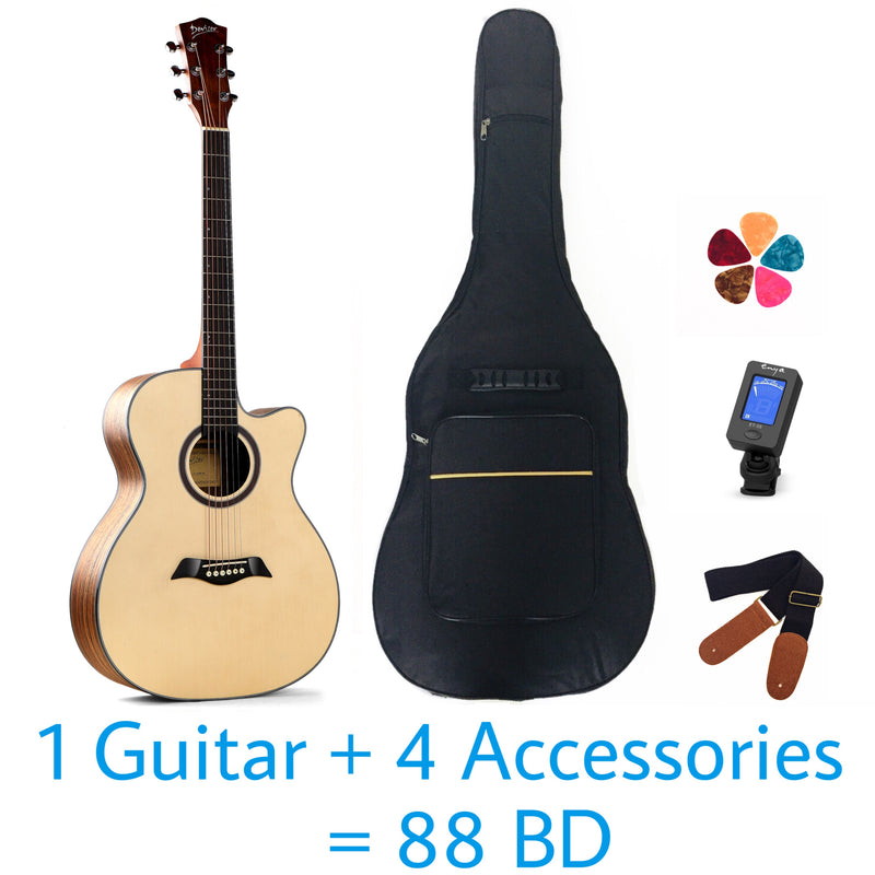 Deviser Acoustic 40" Guitar  – Spruce Top Cutaway - With Beginner Kit Includes Cover, Picks (5 pcs), Tuner, Strap