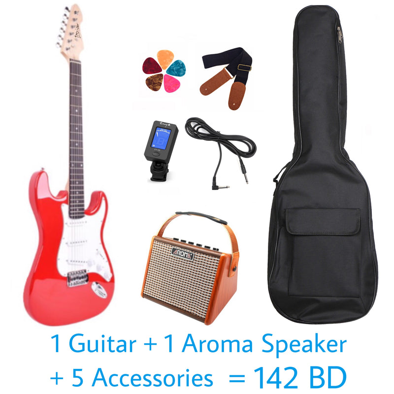 Deviser Electric Guitar & Aroma Speaker - Red - Basswood - With Beginner Kit Includes Cover, Picks (5 pcs), Tuner, Strap, Electric Guitar Cable