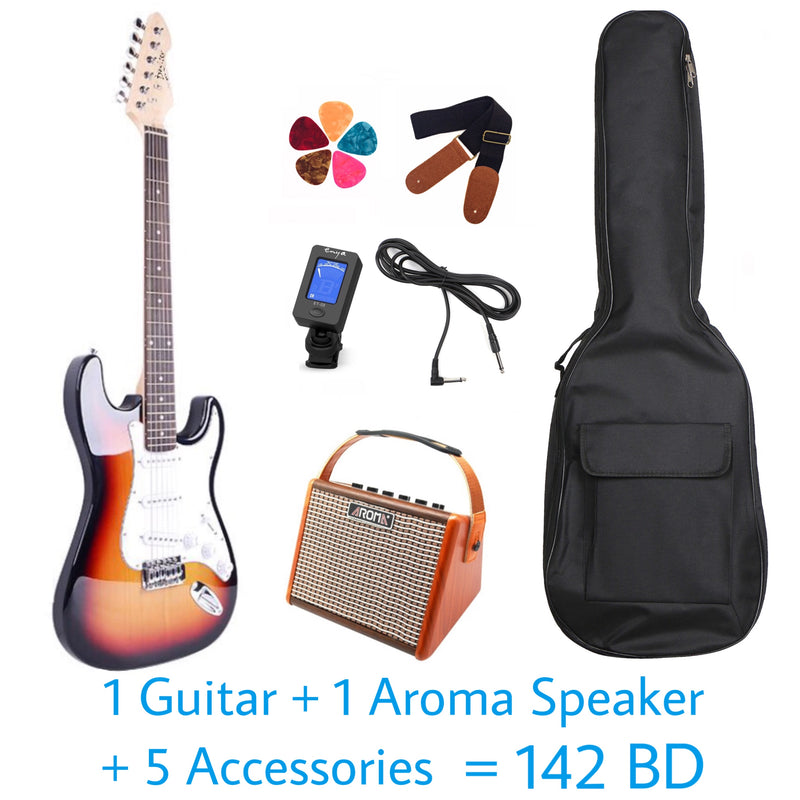 Deviser Electric Guitar & Aroma Speaker - Sunset Yellow - Basswood - With Beginner Kit Includes Cover, Picks (5 pcs), Tuner, Strap, Electric Guitar Cable