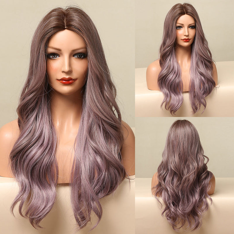 Wig Long Hair Natural Purple - Highlighting Long Curly Hair - Mid-section of European and American Style Waves - Full Head Cover